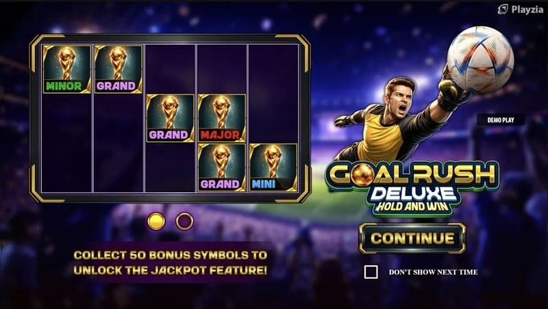 Goal Rush Deluxe – peamenüü rullikute ja staadioni tribüünidega